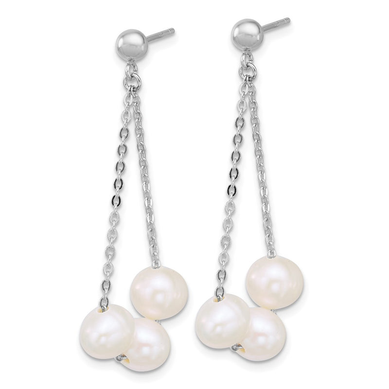 Sterling Silver Rhodium Plated 6-7mm Fwc 3-Pearl Post Dangle Earrings