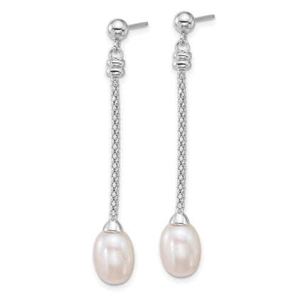 Sterling Silver Rhodium Plated 7-8mm Rice Fwc Pearl Post Dangle Earrings