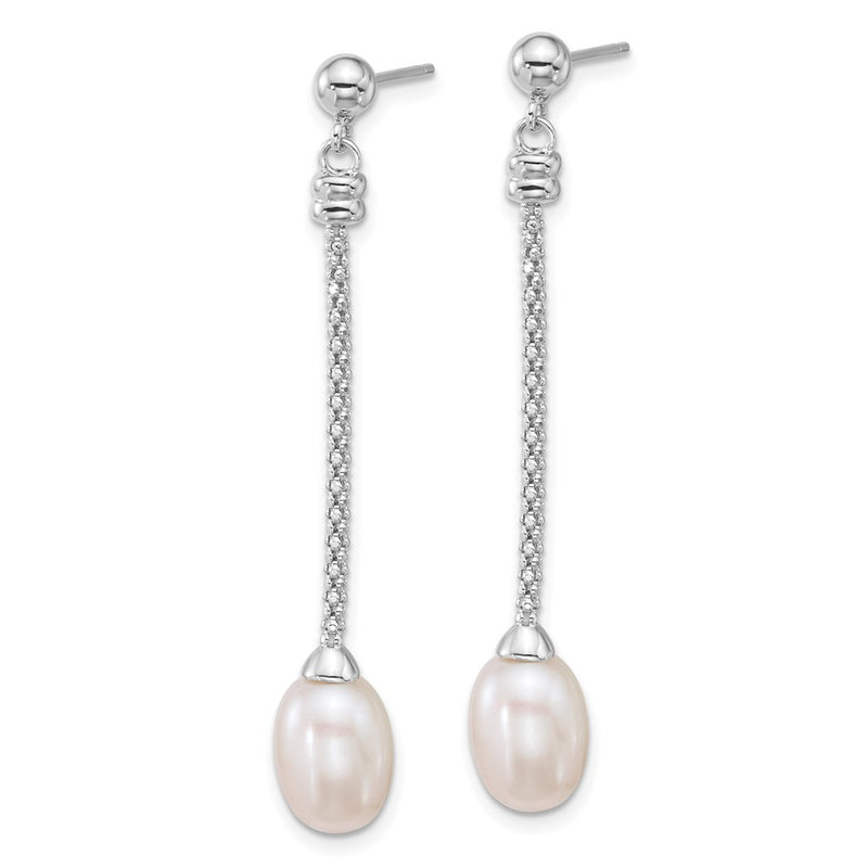 Sterling Silver Rhodium Plated 7-8mm Rice Fwc Pearl Post Dangle Earrings