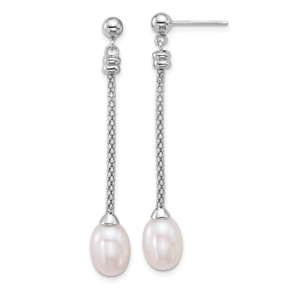 Sterling Silver Rhodium Plated 7-8mm Rice Fwc Pearl Post Dangle Earrings