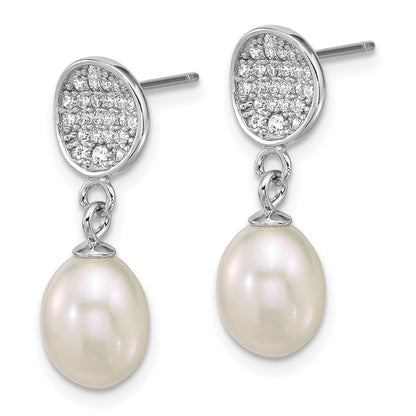 Sterling Silver Rhod 6-8mm Wht Fwc Pearl/cz Post Dangle Earrings