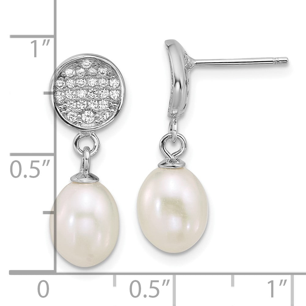 Sterling Silver Rhod 6-8mm Wht Fwc Pearl/cz Post Dangle Earrings