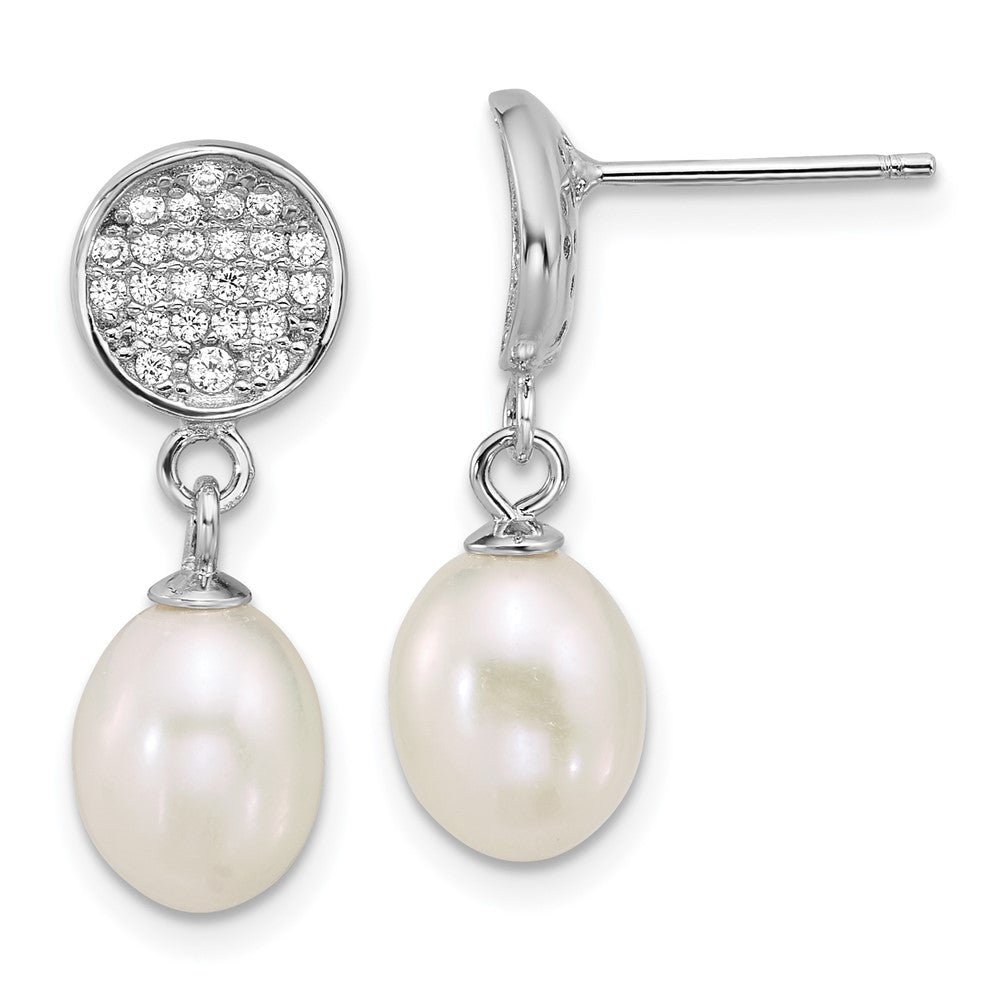 Sterling Silver Rhod 6-8mm Wht Fwc Pearl/cz Post Dangle Earrings