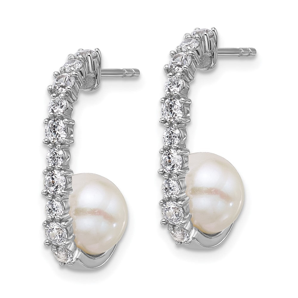 Sterling Silver Rhodium-Plated CZ Fwc Pearl J-Hoop Post Earrings
