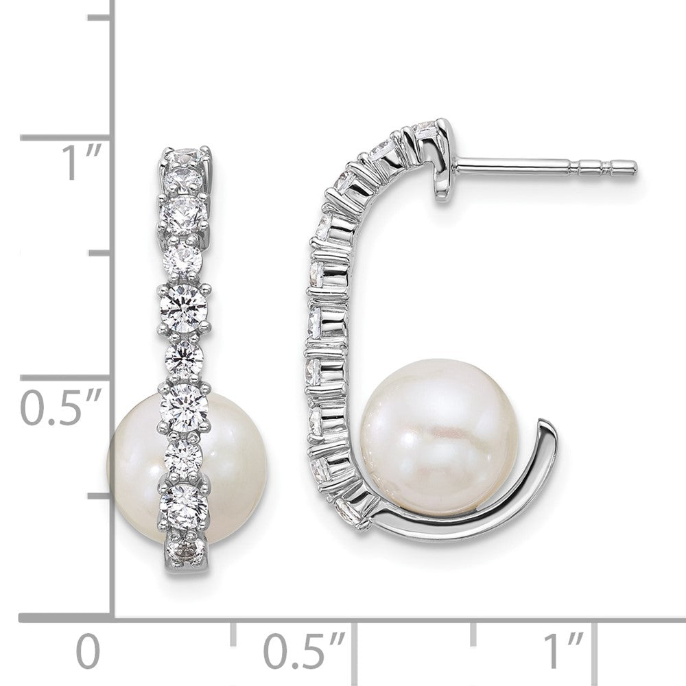 Sterling Silver Rhodium-Plated CZ Fwc Pearl J-Hoop Post Earrings