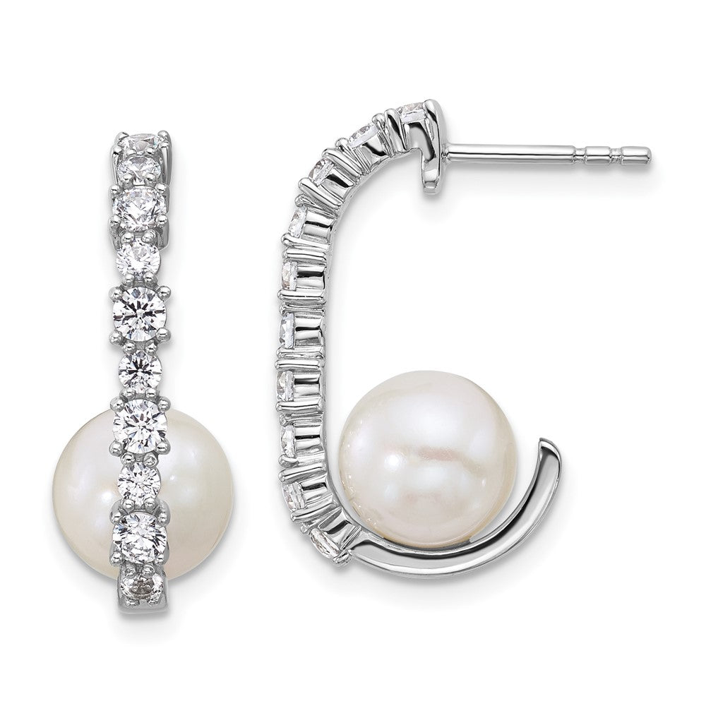 Sterling Silver Rhodium-Plated CZ Fwc Pearl J-Hoop Post Earrings
