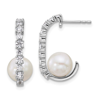 Sterling Silver Rhodium-Plated CZ Fwc Pearl J-Hoop Post Earrings