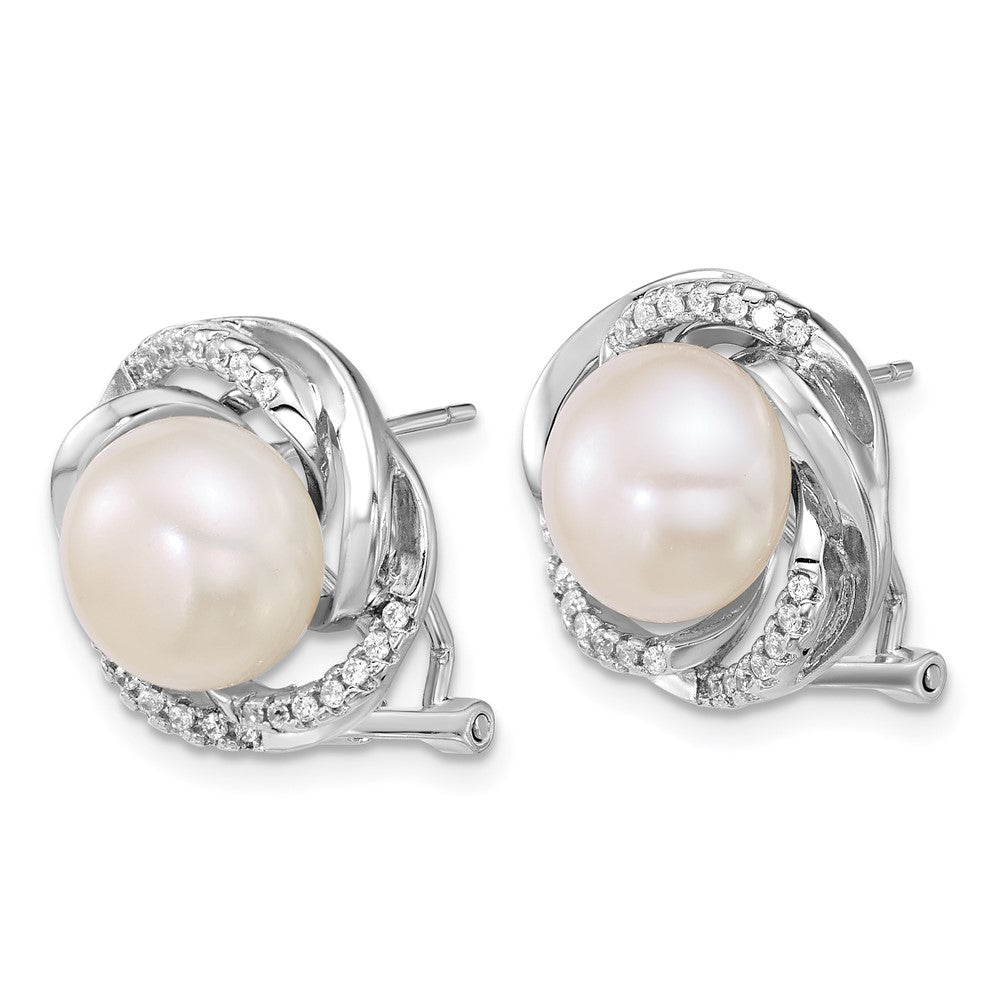 Sterling Silver Rhodium Plated 9-10mm Fwc Pearl & CZ Omega Back Earrings