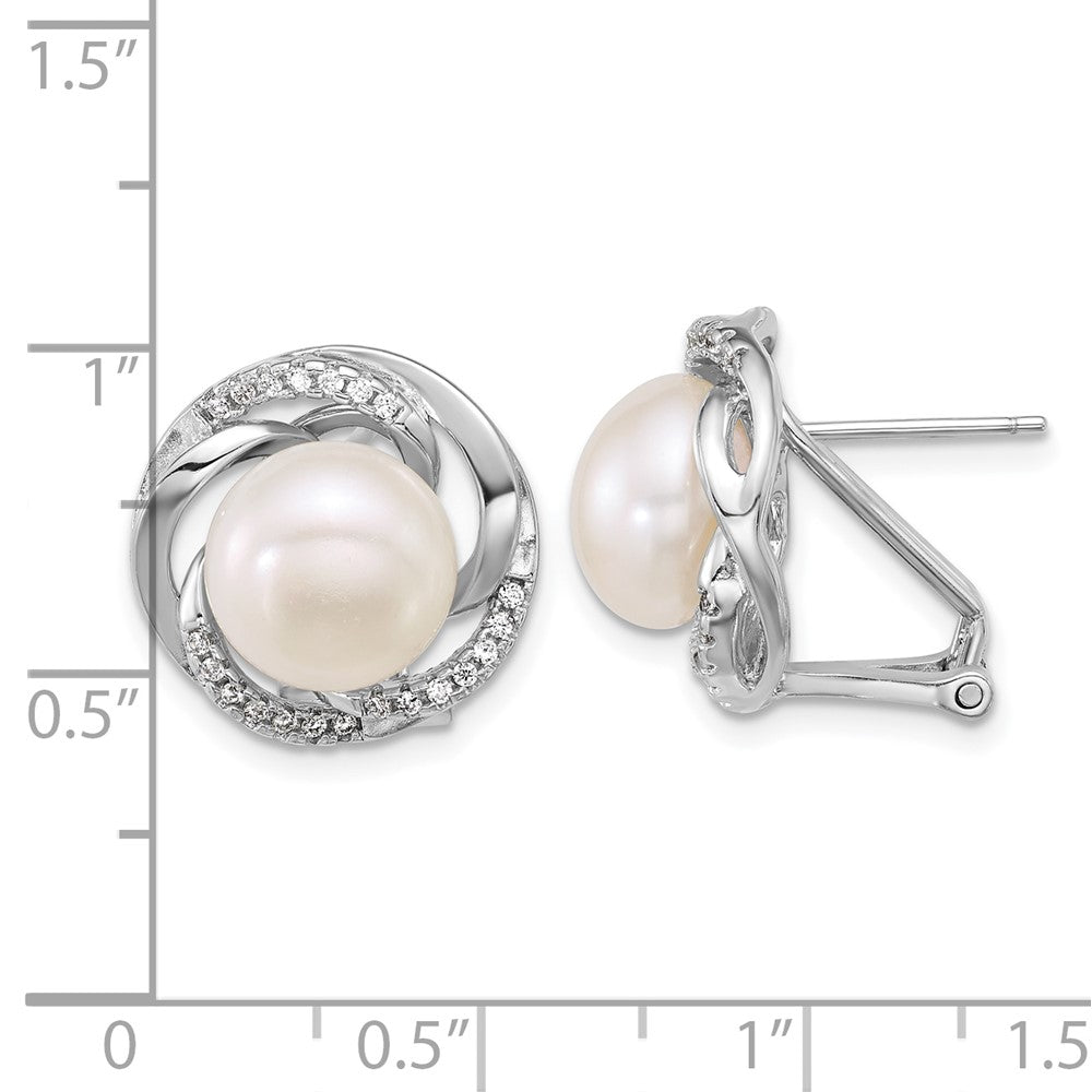 Sterling Silver Rhodium Plated 9-10mm Fwc Pearl & CZ Omega Back Earrings