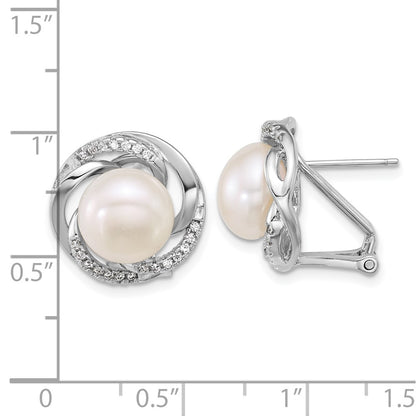 Sterling Silver Rhodium Plated 9-10mm Fwc Pearl & CZ Omega Back Earrings