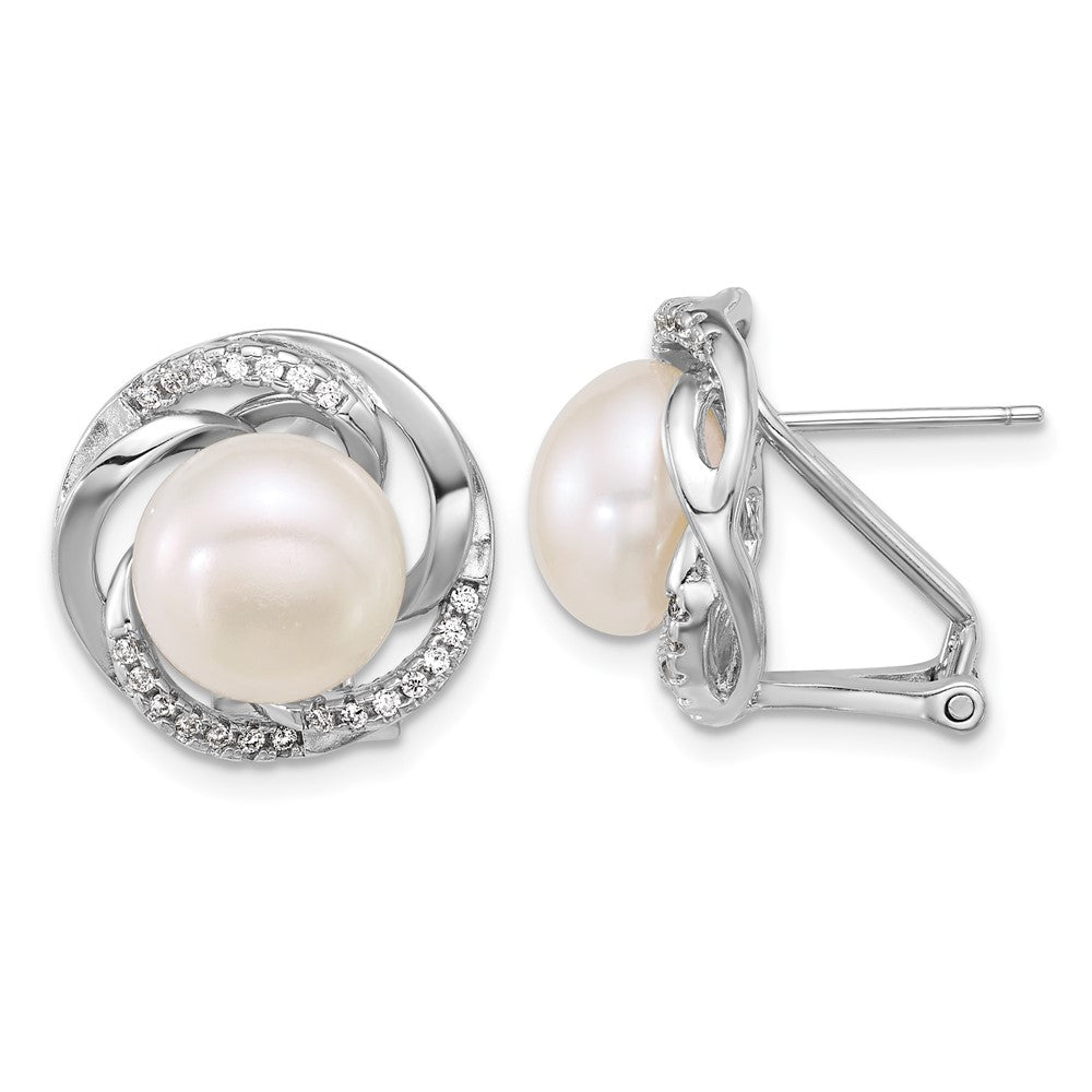 Sterling Silver Rhodium Plated 9-10mm Fwc Pearl & CZ Omega Back Earrings
