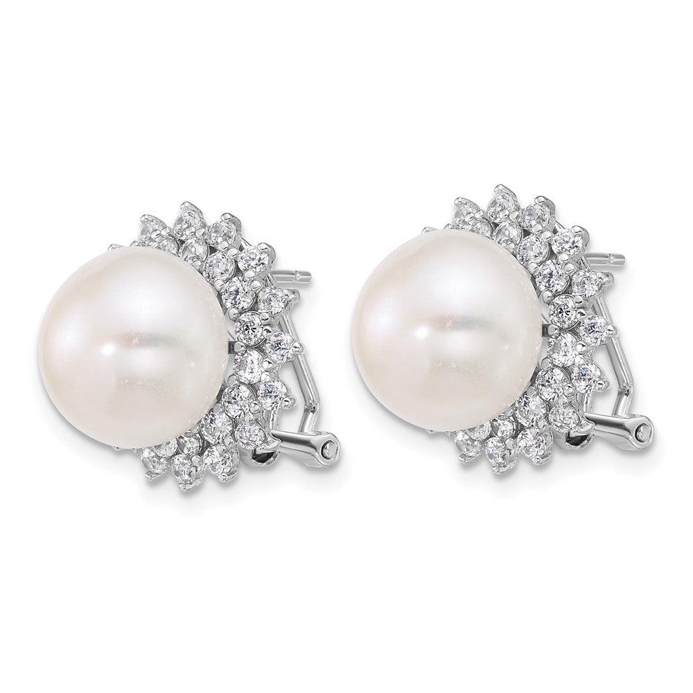 Sterling Silver Rhod 11-12mm Fwc Pearl & CZ Omega Back Earrings