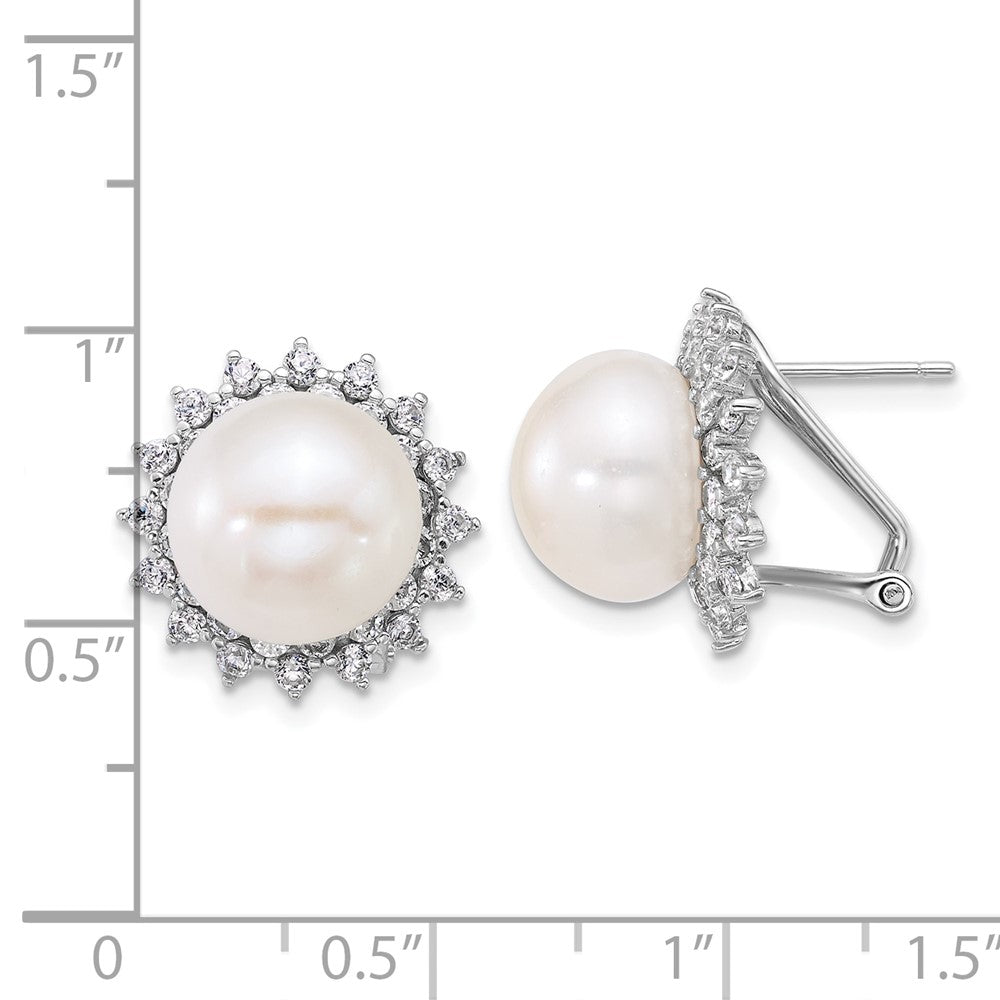 Sterling Silver Rhod 11-12mm Fwc Pearl & CZ Omega Back Earrings