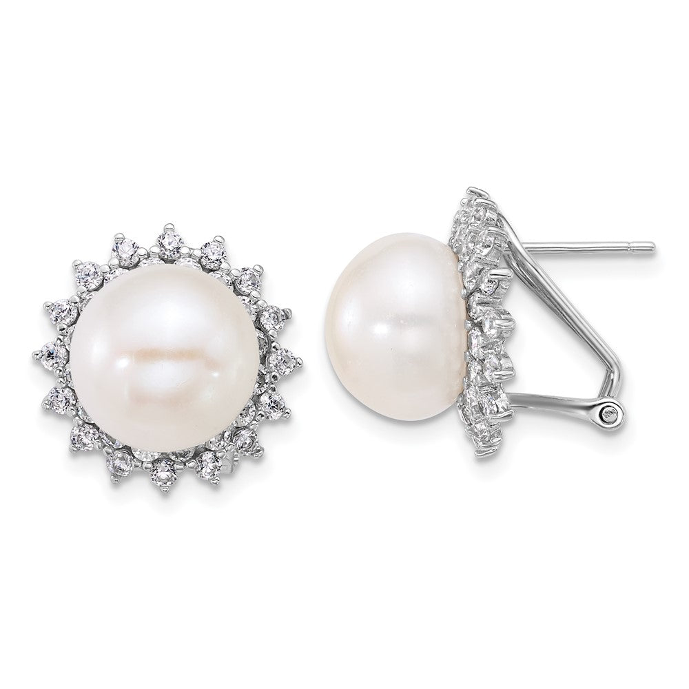 Sterling Silver Rhod 11-12mm Fwc Pearl & CZ Omega Back Earrings