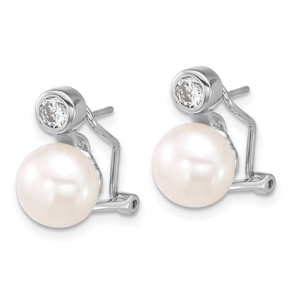 Sterling Silver Rhodium Plated 8-9mm Fwc Pearl/cz Omega Back Earrings