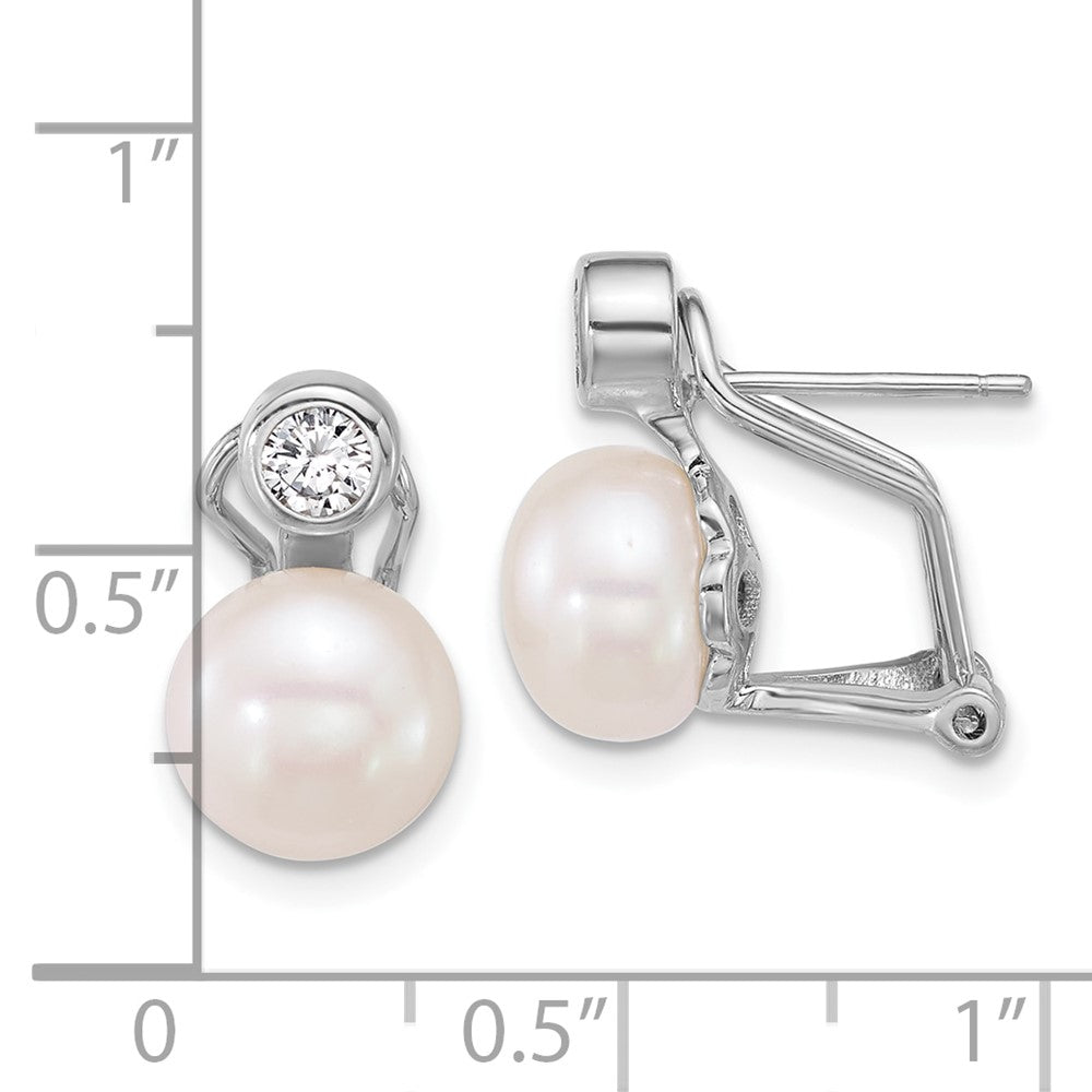 Sterling Silver Rhodium Plated 8-9mm Fwc Pearl/cz Omega Back Earrings