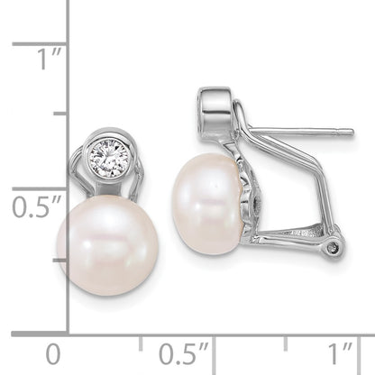 Sterling Silver Rhodium Plated 8-9mm Fwc Pearl/cz Omega Back Earrings