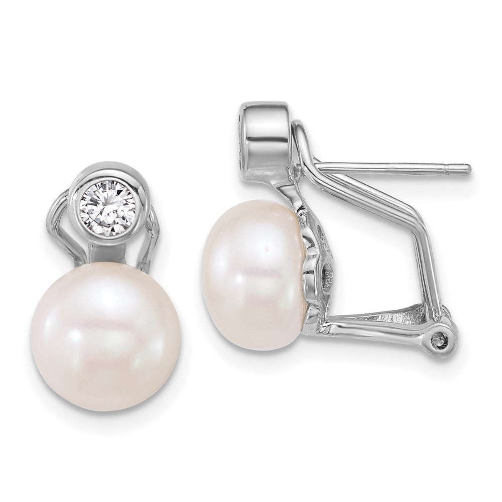 Sterling Silver Rhodium Plated 8-9mm Fwc Pearl/cz Omega Back Earrings