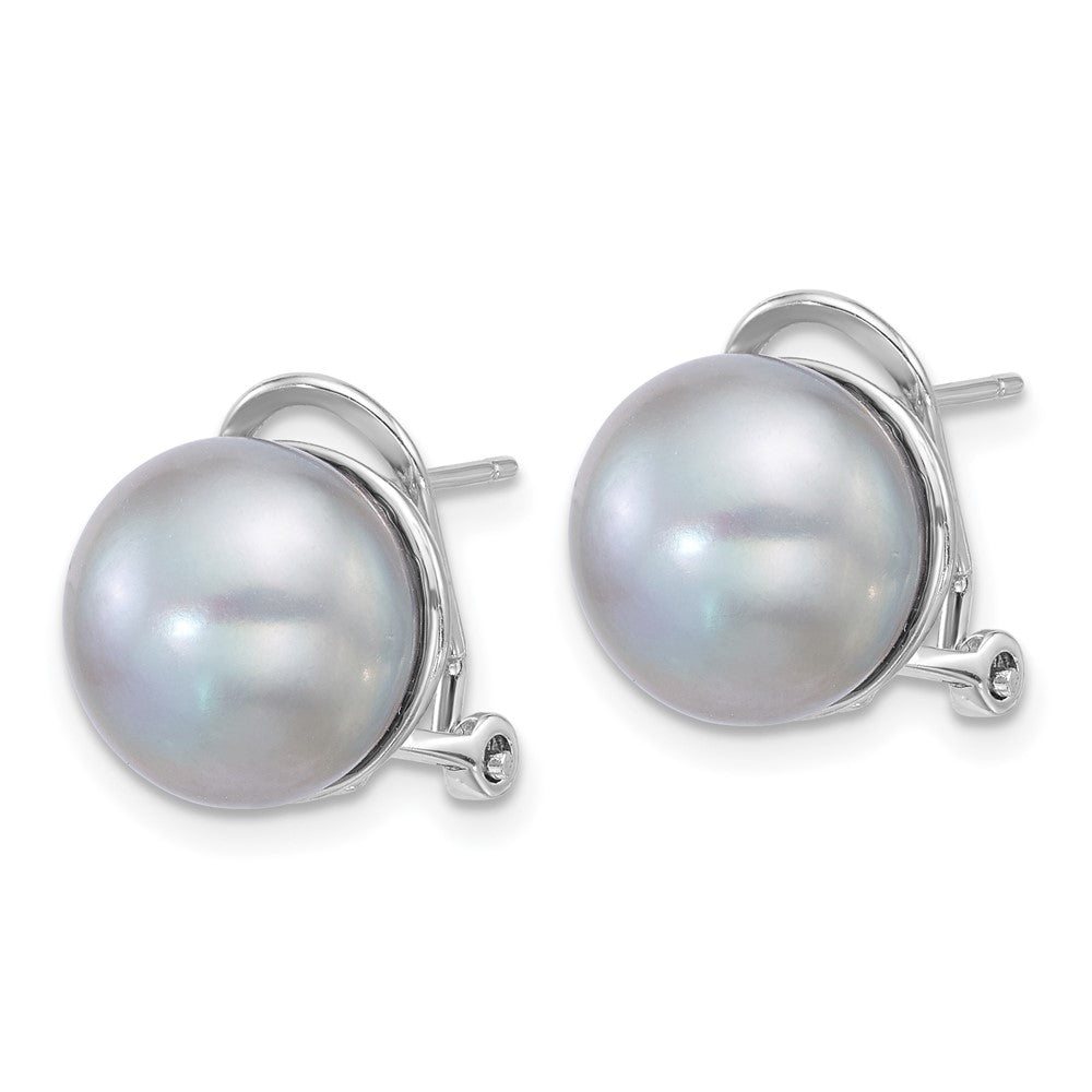 Sterling Silver Rh-Plat 11-12mm Button Grey Fwc Omega Back Earrings
