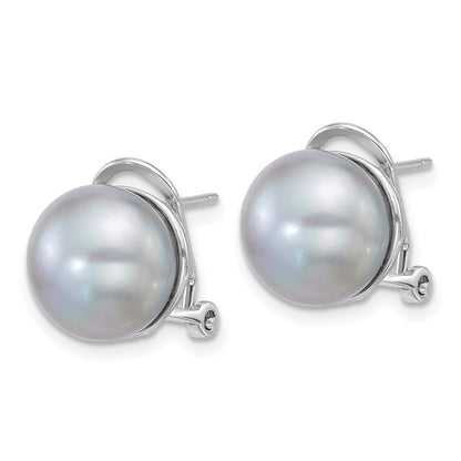 Sterling Silver Rh-Plat 11-12mm Button Grey Fwc Omega Back Earrings