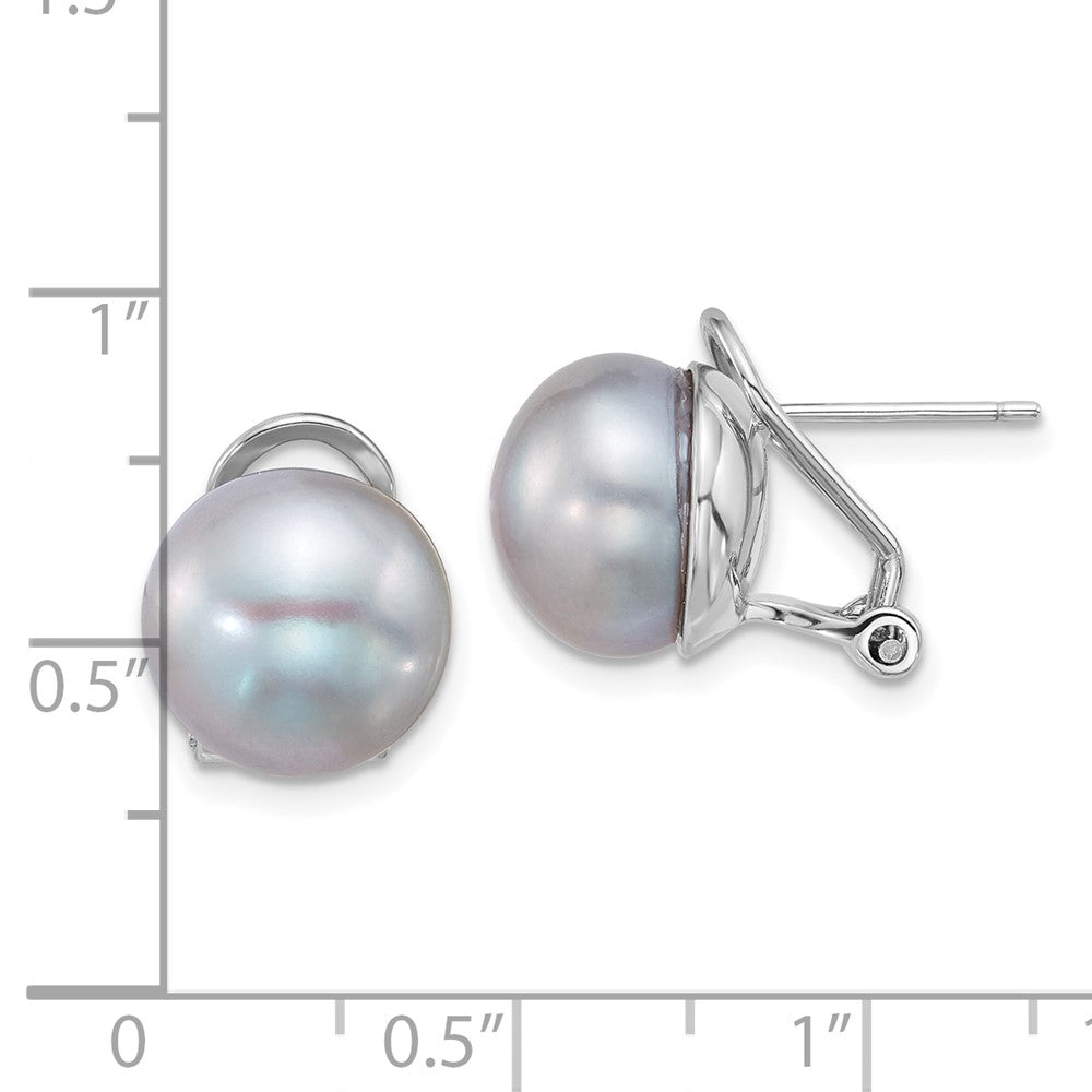 Sterling Silver Rh-Plat 11-12mm Button Grey Fwc Omega Back Earrings