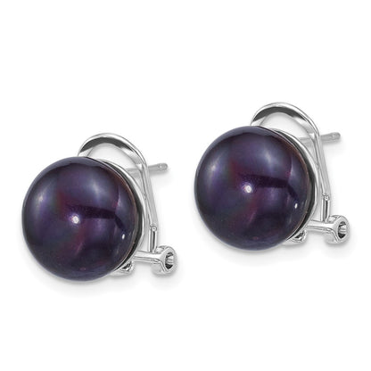 Sterling Silver Rhodium Plated 11-12mm Blk Fwc Pearl Omega Back Earrings