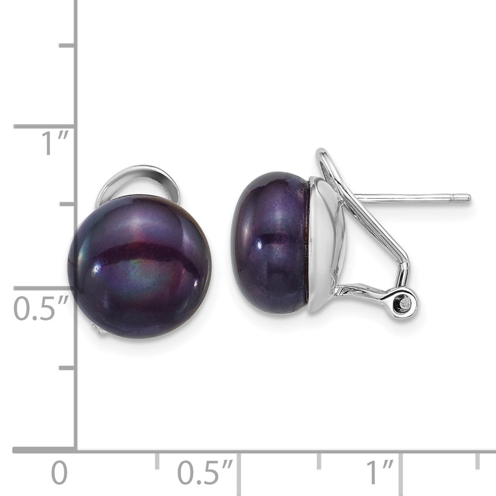 Sterling Silver Rhodium Plated 11-12mm Blk Fwc Pearl Omega Back Earrings