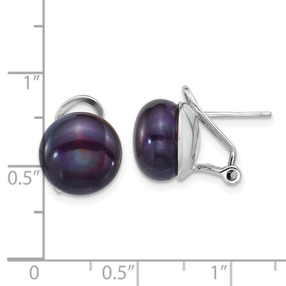 Sterling Silver Rhodium Plated 11-12mm Blk Fwc Pearl Omega Back Earrings