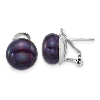 Sterling Silver Rhodium Plated 11-12mm Blk Fwc Pearl Omega Back Earrings