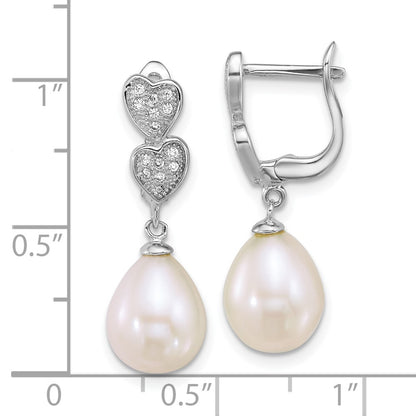 Sterling Silver Rhod 7-9mm Teardrop Fwc Pearl CZ Dangle Earrings