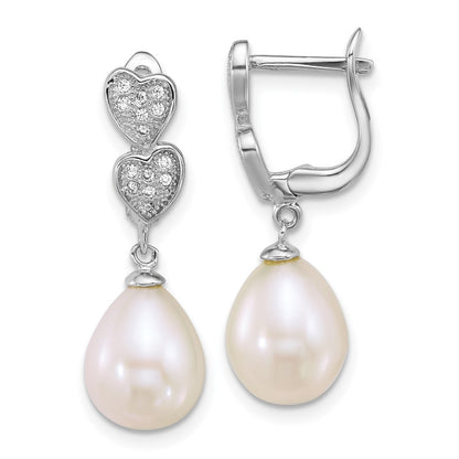 Sterling Silver Rhod 7-9mm Teardrop Fwc Pearl CZ Dangle Earrings