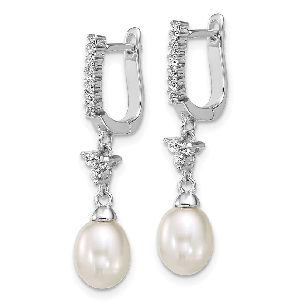 Sterling Silver Rhodium Plated 6-7mm Wht Teardrop/cz Dangle Hoop Earrings
