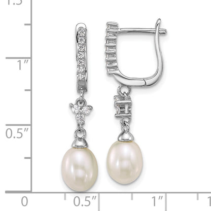 Sterling Silver Rhodium Plated 6-7mm Wht Teardrop/cz Dangle Hoop Earrings