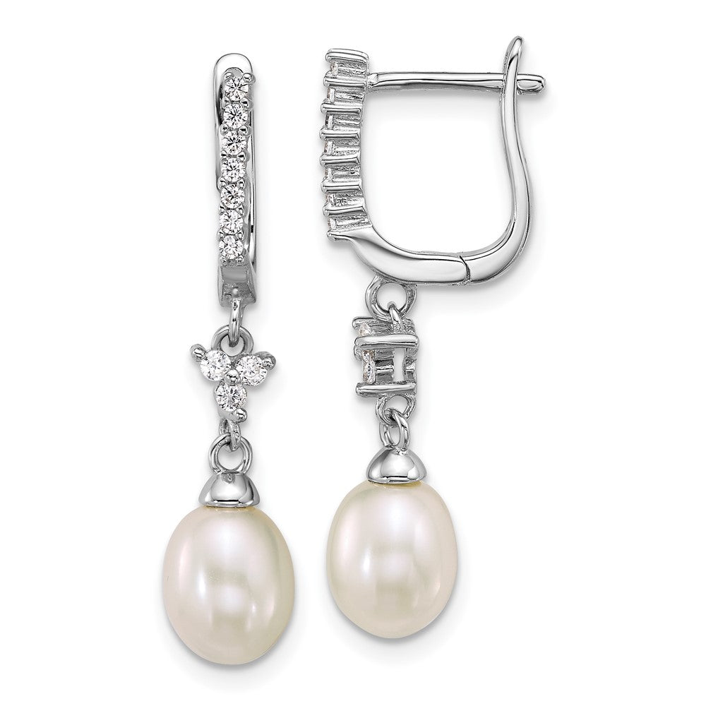 Sterling Silver Rhodium Plated 6-7mm Wht Teardrop/cz Dangle Hoop Earrings