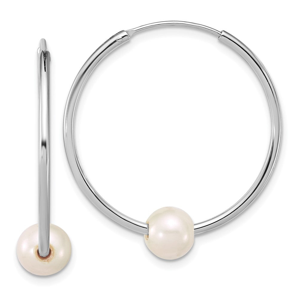 Sterling Silver Rhodium Plated 7-8mm Semi-Rnd Fwc Pearl Hoop Earrings