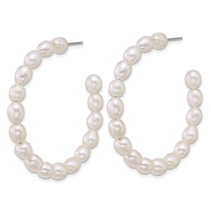 Sterling Silver Rhodium Plated 5-6mm Rice Fwc Pearl Post Hoop Earrings