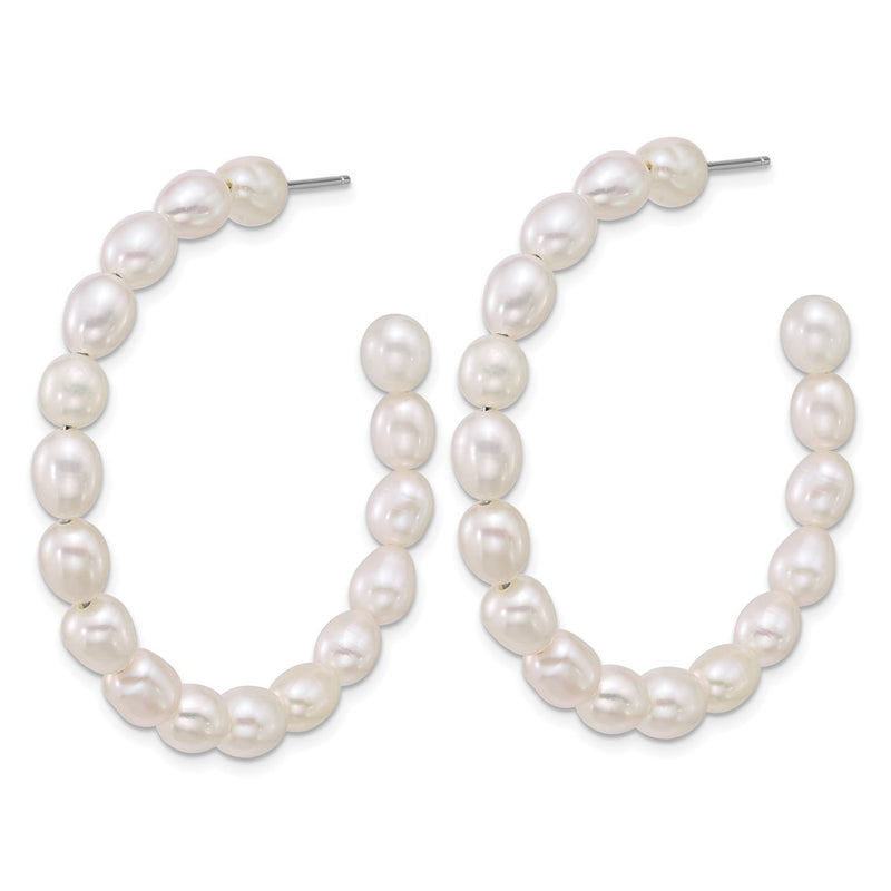 Sterling Silver Rhodium Plated 5-6mm Rice Fwc Pearl Post Hoop Earrings