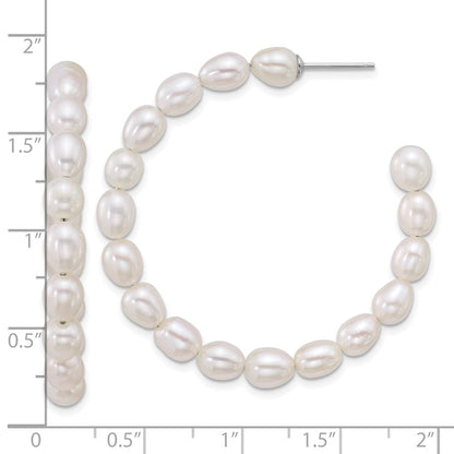 Sterling Silver Rhodium Plated 5-6mm Rice Fwc Pearl Post Hoop Earrings