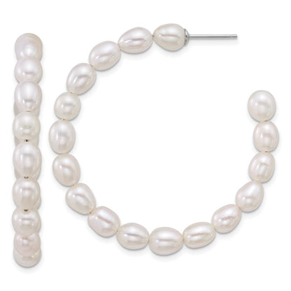 Sterling Silver Rhodium Plated 5-6mm Rice Fwc Pearl Post Hoop Earrings