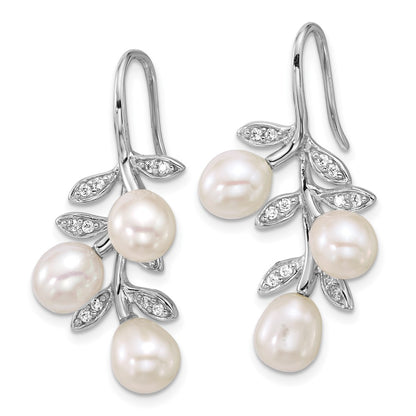Sterling Silver Rhodium Plated 6-8mm Rice Fwc Pearl CZ Leaf Earrings