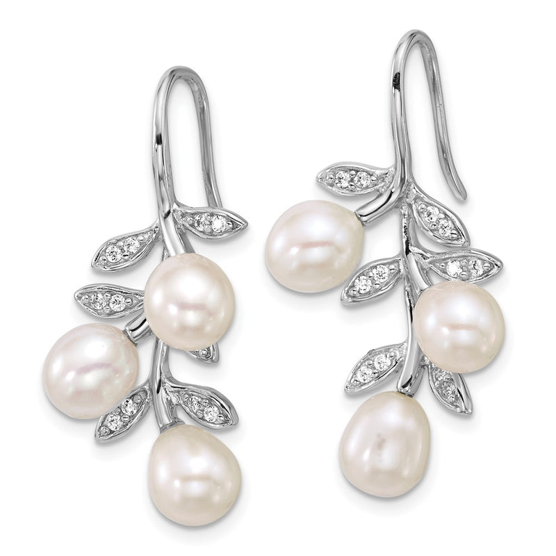 Sterling Silver Rhodium Plated 6-8mm Rice Fwc Pearl CZ Leaf Earrings