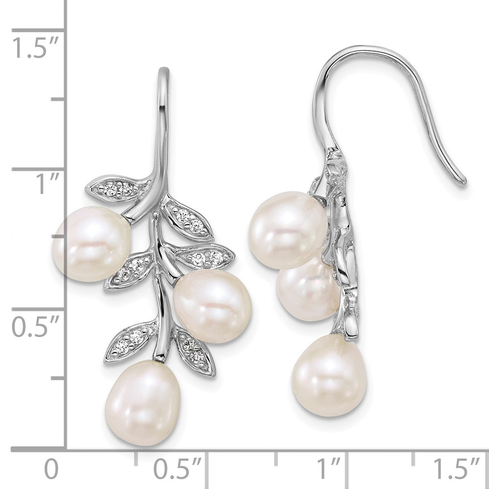 Sterling Silver Rhodium Plated 6-8mm Rice Fwc Pearl CZ Leaf Earrings