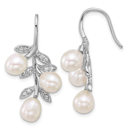 Sterling Silver Rhodium Plated 6-8mm Rice Fwc Pearl CZ Leaf Earrings