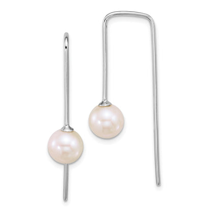 Sterling Silver Rhodium Plated 7-8mm Wht Rnd Fwc Squared Threader Earrings
