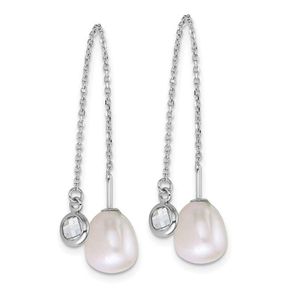 Sterling Silver Rhodium Plated Teardrop Fwc Pearl/glass Threader Earrings