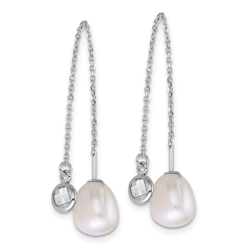 Sterling Silver Rhodium Plated Teardrop Fwc Pearl/glass Threader Earrings