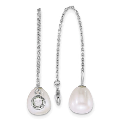 Sterling Silver Rhodium Plated Teardrop Fwc Pearl/glass Threader Earrings