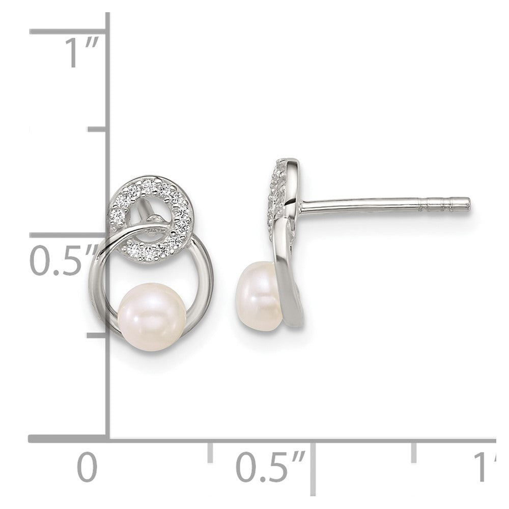 Sterling Silver Polished CZ and Imitation Pearl Circles Post Earrings