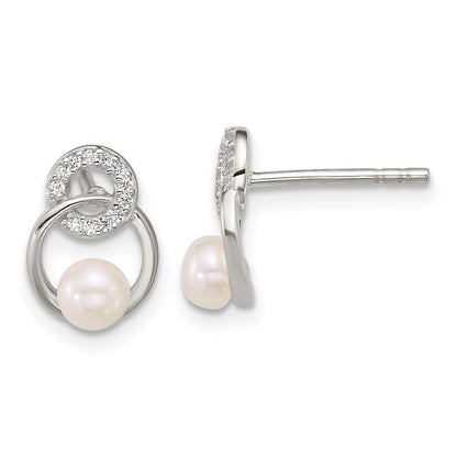 Sterling Silver Polished CZ and Imitation Pearl Circles Post Earrings