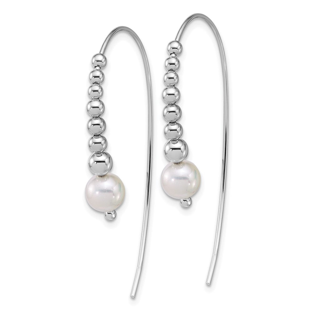 Sterling Silver Rhodium Plated Polished and Beaded Shell Pearl Threader Earrings